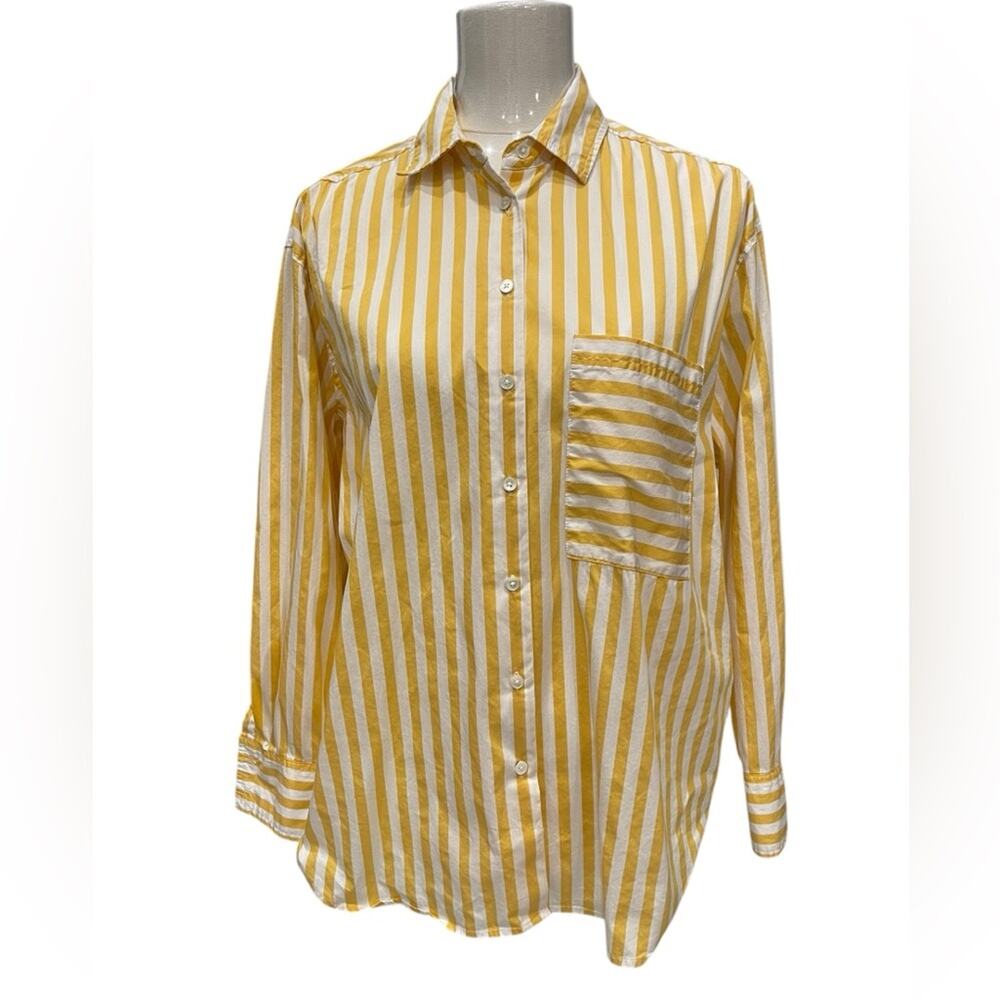 AYR The Deep End Shirt Women’s Medium Yellow White Stripe Oversized Button Up